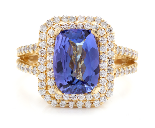 5.50 Carats Natural Very Nice Looking Tanzanite and Diamond 14K Solid Yellow Gold Ring