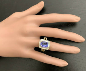 5.50 Carats Natural Very Nice Looking Tanzanite and Diamond 14K Solid Yellow Gold Ring