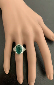 6.80 Carats Natural Emerald and Diamond 14K Solid White Gold Ring
