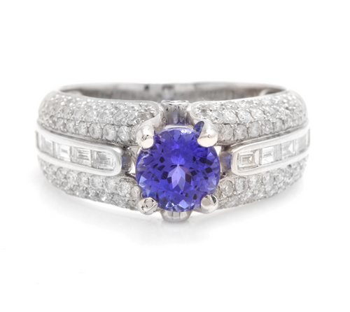 2.60 Carats Natural Very Nice Looking Tanzanite and Diamond 18K Solid White Gold Ring