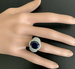 7.25 Carats Exquisite Natural Blue Sapphire and Diamond 14K Solid White Gold Ring
