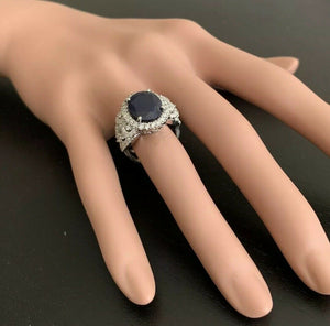 7.25 Carats Exquisite Natural Blue Sapphire and Diamond 14K Solid White Gold Ring