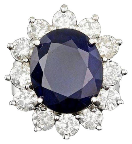 9.80 Carats Natural Sapphire and Diamond 14K Solid White Gold Ring