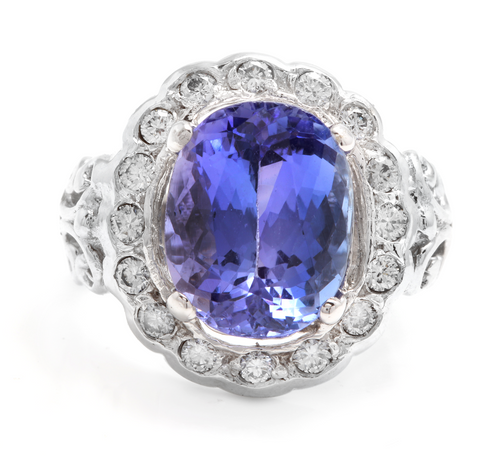 6.50 Carats Natural Very Nice Looking Tanzanite and Diamond 14K Solid White Gold Ring