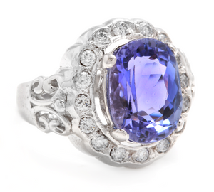 6.50 Carats Natural Very Nice Looking Tanzanite and Diamond 14K Solid White Gold Ring