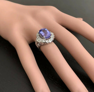 6.50 Carats Natural Very Nice Looking Tanzanite and Diamond 14K Solid White Gold Ring