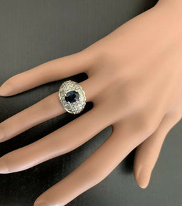3.46 Carats Exquisite Natural Blue Sapphire and Diamond 18K Solid White Gold Ring