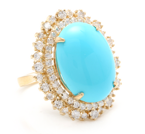 13.00 Carats Impressive Natural Turquoise and Diamond 14K Yellow Gold Ring