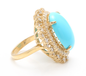 13.00 Carats Impressive Natural Turquoise and Diamond 14K Yellow Gold Ring