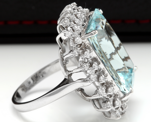 14.80 Carats Natural Aquamarine and Diamond 14K Solid White Gold Ring