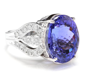 13.20 Carats Natural Very Nice Looking Tanzanite and Diamond 14K Solid White Gold Ring