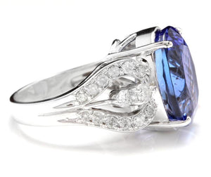 13.20 Carats Natural Very Nice Looking Tanzanite and Diamond 14K Solid White Gold Ring