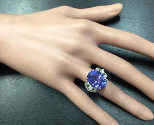 13.20 Carats Natural Very Nice Looking Tanzanite and Diamond 14K Solid White Gold Ring