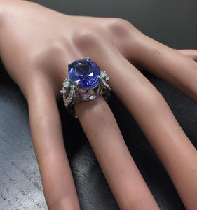 13.20 Carats Natural Very Nice Looking Tanzanite and Diamond 14K Solid White Gold Ring