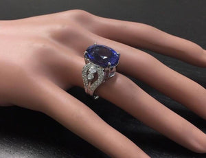 13.20 Carats Natural Very Nice Looking Tanzanite and Diamond 14K Solid White Gold Ring