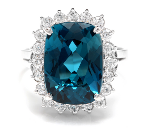 13.00Carats Natural Impressive London Blue Topaz and Diamond 14K White Gold Ring