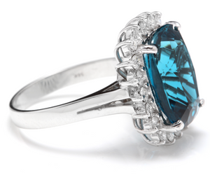13.00Carats Natural Impressive London Blue Topaz and Diamond 14K White Gold Ring