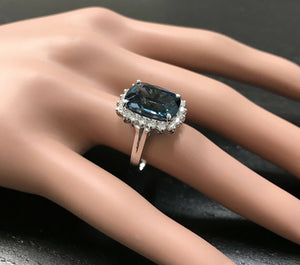13.00Carats Natural Impressive London Blue Topaz and Diamond 14K White Gold Ring