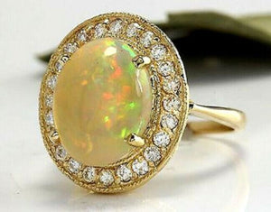 5.10 Carats Natural Impressive Ethiopian Opal and Diamond 14K Solid Yellow Gold Ring