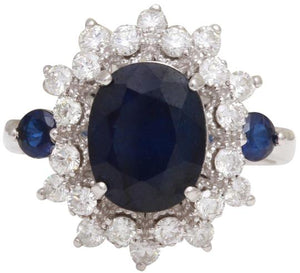 5.55 Carats Exquisite Natural Blue Sapphire and Diamond 14K Solid White Gold Ring