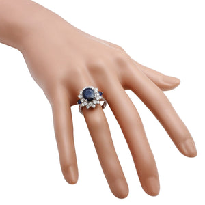 5.55 Carats Exquisite Natural Blue Sapphire and Diamond 14K Solid White Gold Ring