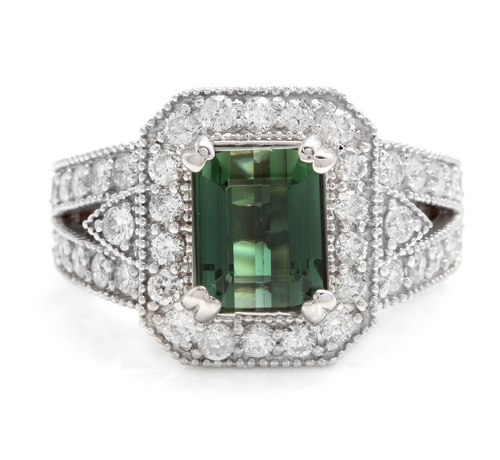 4.90 Carats Natural Very Nice Looking Green Tourmaline and Diamond 18K Solid White Gold Ring