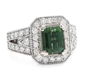 4.90 Carats Natural Very Nice Looking Green Tourmaline and Diamond 18K Solid White Gold Ring