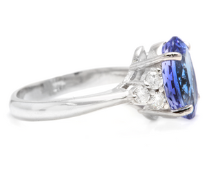 3.85 Carats Natural Very Nice Looking Tanzanite and Diamond 14K Solid White Gold Ring