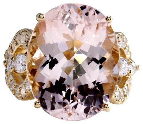 12.00 Carats Exquisite Natural Morganite and Diamond 14K Solid Yellow Gold Ring