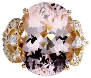 12.00 Carats Exquisite Natural Morganite and Diamond 14K Solid Yellow Gold Ring