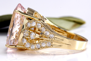 12.00 Carats Exquisite Natural Morganite and Diamond 14K Solid Yellow Gold Ring