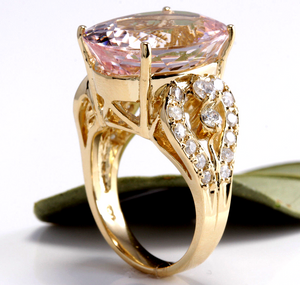 12.00 Carats Exquisite Natural Morganite and Diamond 14K Solid Yellow Gold Ring