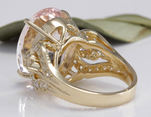 12.00 Carats Exquisite Natural Morganite and Diamond 14K Solid Yellow Gold Ring