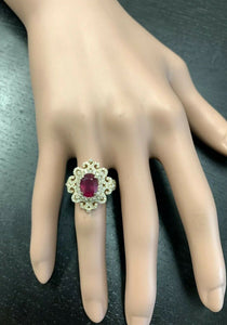 4.50 Carats Impressive Red Ruby and Natural Diamond 14K Solid Yellow Gold Ring
