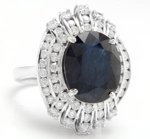 12.70 Carats Exquisite Natural Blue Sapphire and Diamond 14K Solid White Gold Ring