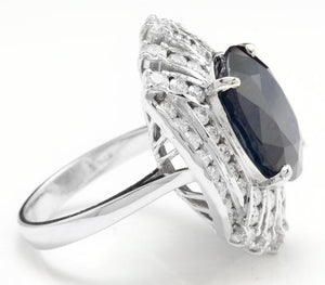 12.70 Carats Exquisite Natural Blue Sapphire and Diamond 14K Solid White Gold Ring