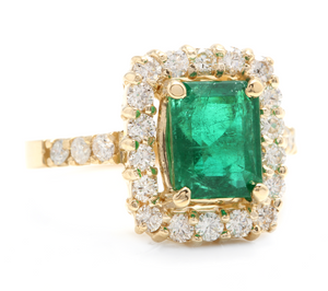 4.10 Carats Natural Emerald and Diamond 18K Solid Yellow Gold Ring