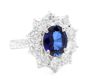 4.30 Carats Exquisite Natural Blue Sapphire and Diamond 14K Solid White Gold Ring