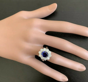 4.30 Carats Exquisite Natural Blue Sapphire and Diamond 14K Solid White Gold Ring