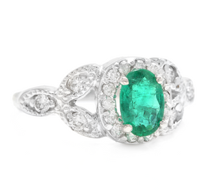 1.15 Carats Natural Emerald and Diamond 14K Solid White Gold Ring