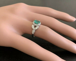 1.15 Carats Natural Emerald and Diamond 14K Solid White Gold Ring
