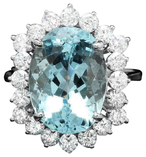 7.85 Carats Natural Aquamarine and Diamond 14K Solid White Gold Ring