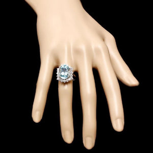 7.85 Carats Natural Aquamarine and Diamond 14K Solid White Gold Ring