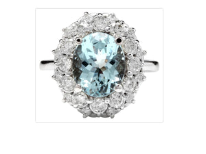 4.30 Carats Natural Aquamarine and Diamond 14K Solid White Gold Ring