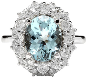 4.30 Carats Natural Aquamarine and Diamond 14K Solid White Gold Ring