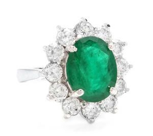 5.60 Carats Natural Emerald and Diamond 14K Solid White Gold Ring