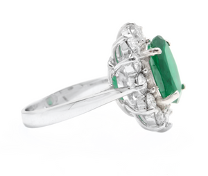 5.60 Carats Natural Emerald and Diamond 14K Solid White Gold Ring
