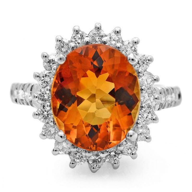7.15 Carats Natural Citrine and Diamond 14K Solid White Gold Ring