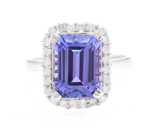 6.45 Carats Natural Very Nice Looking Tanzanite and Diamond 14K Solid White Gold Ring