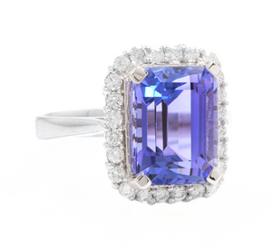 6.45 Carats Natural Very Nice Looking Tanzanite and Diamond 14K Solid White Gold Ring